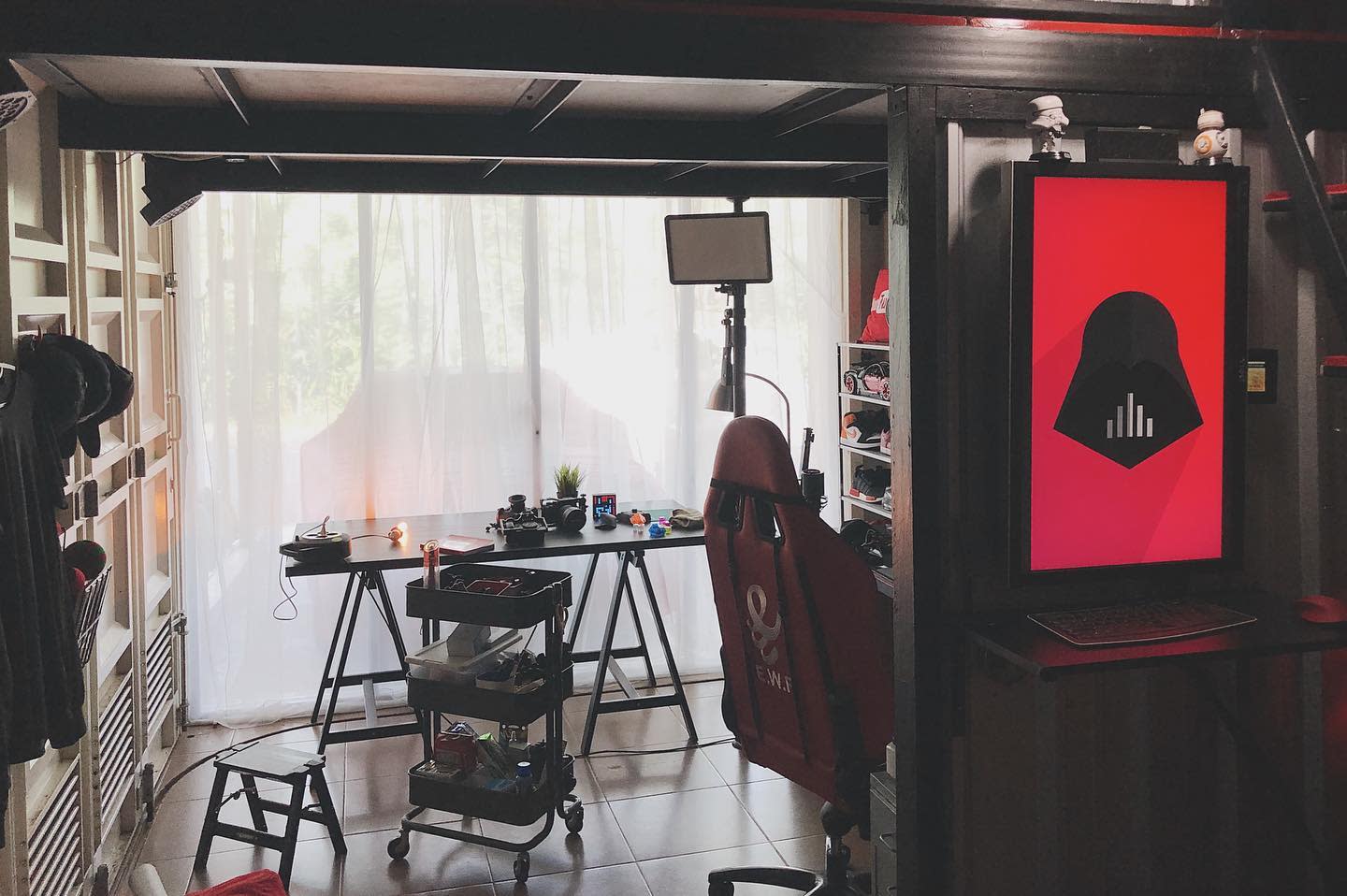 garage loft games room gaming chair tile floor black table